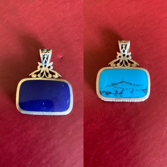 Double-sided Lapis and Turquoise Pendant set in Sterling Silver - Picture 1 of 12